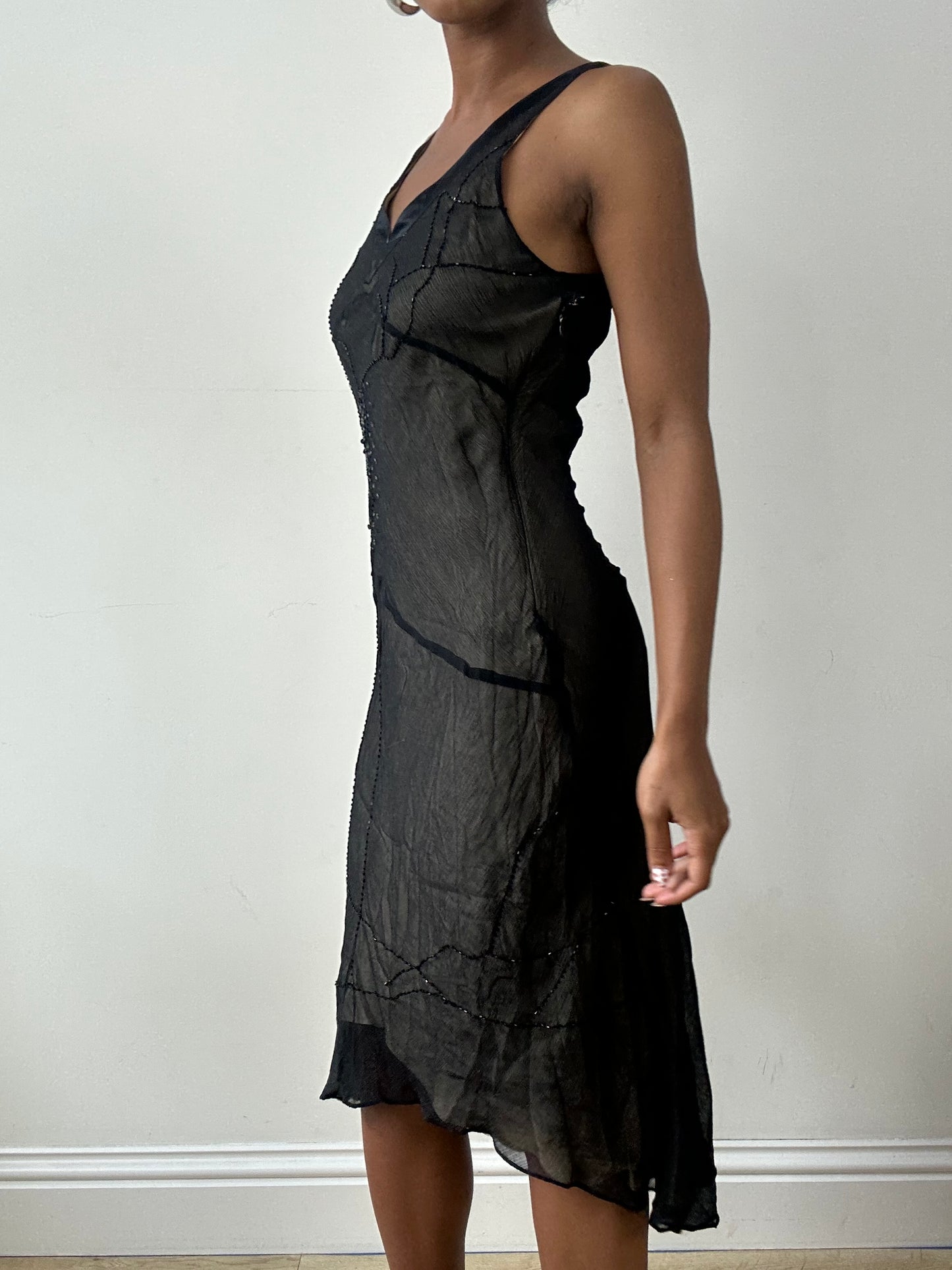 vintage edit twenty-nine | small black silk mesh overlay midi dress
