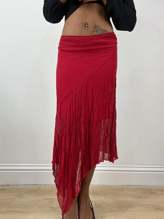 vintage edit thirty-four | extra small red sheer midi skirt with asymmetric trim