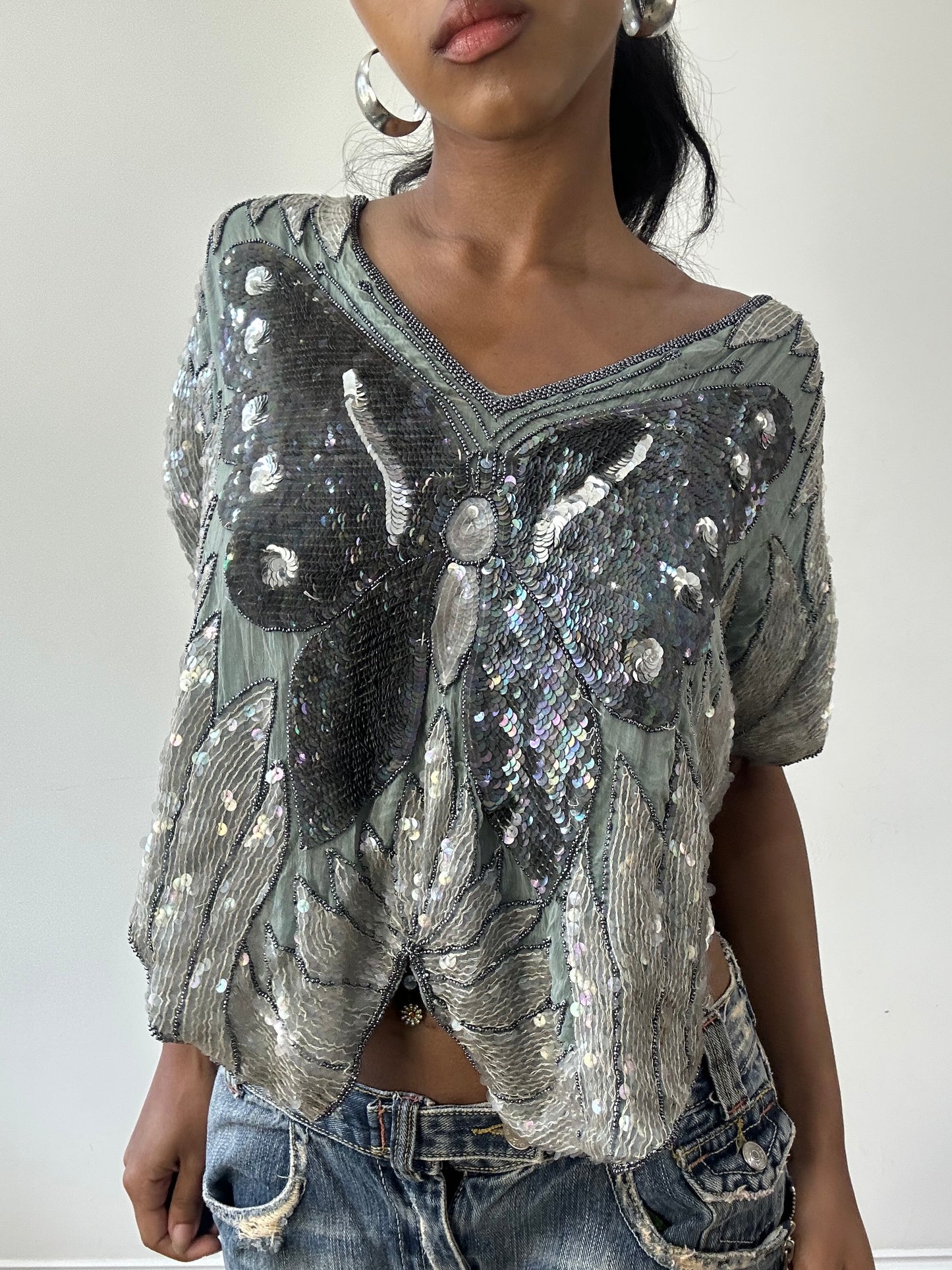 BEST PICKS | small grey and blue silk sequin butterfly poncho top