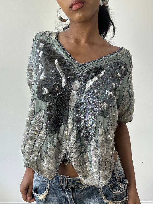 BEST PICKS | small grey and blue silk sequin butterfly poncho top