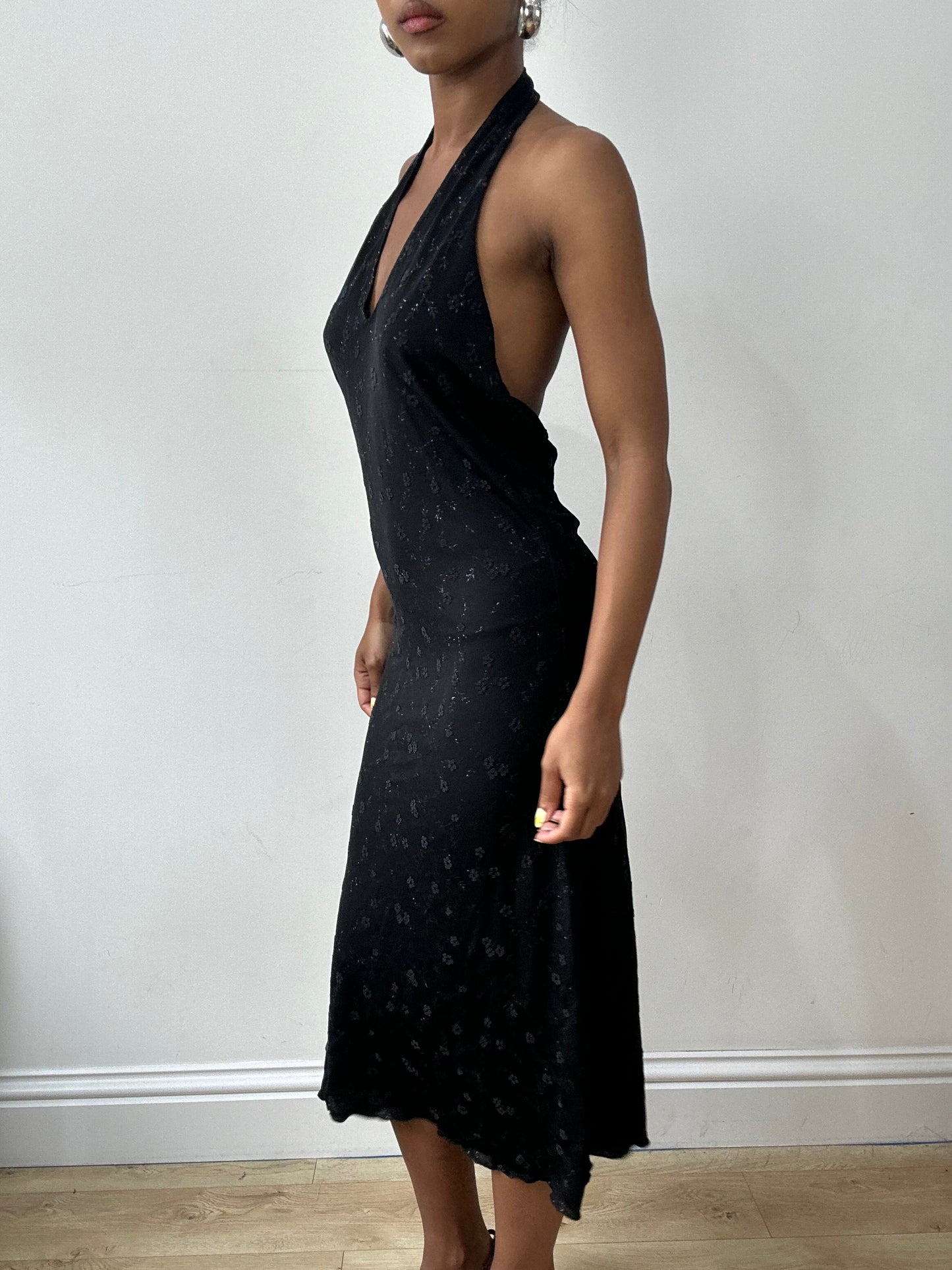 vintage edit thirty-two | medium black halterneck midi dress with silver floral print