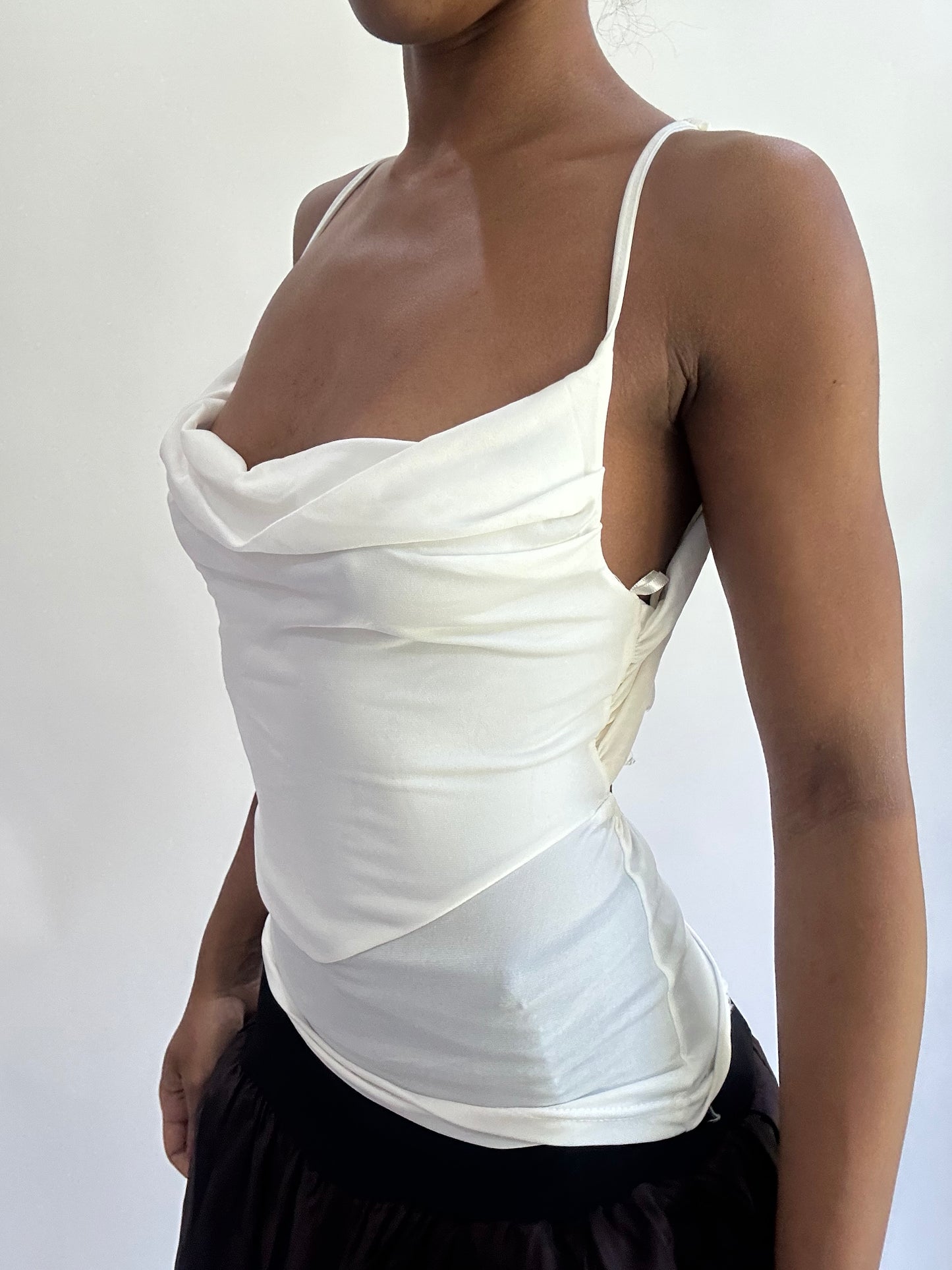 ‼️olivia rodrigo drop | small white draped open back cami top