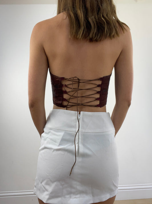 TAYLOR SWIFT DROP | xs burgundy halterneck button up top with lace up back detail
