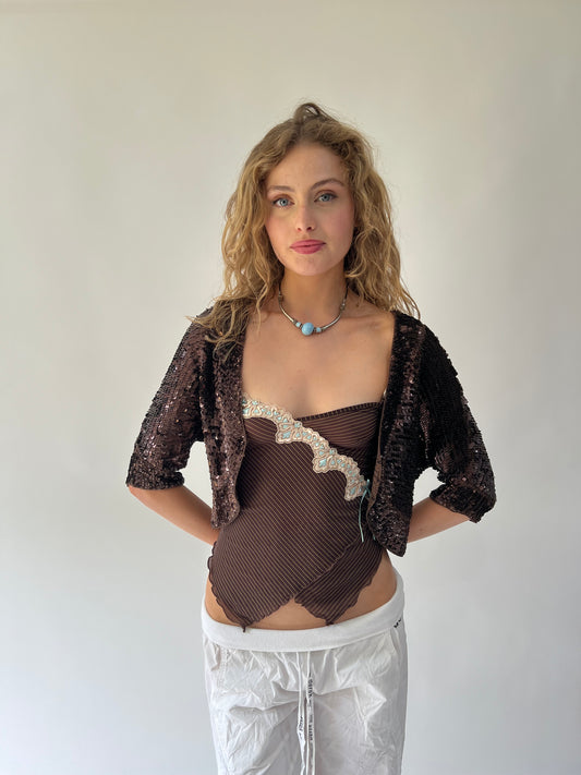 SATC drop | medium brown sequin bolero