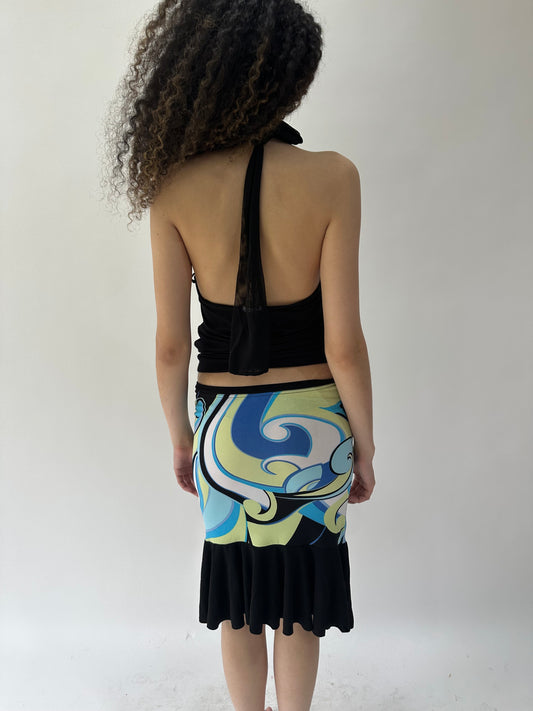festival drop | extra small blue swirly pattern midi skirt