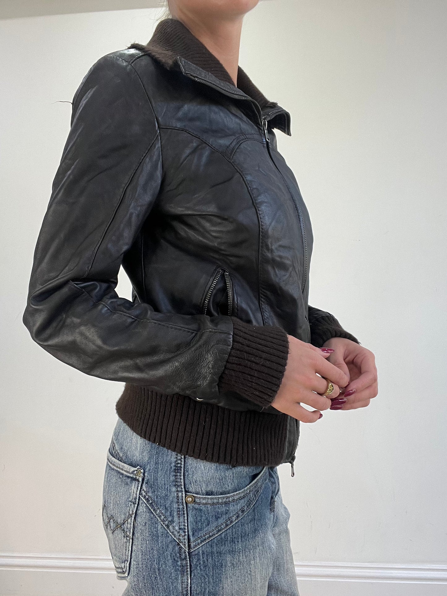 vintage edit sixteen | small brown faux leather dual zip jacket