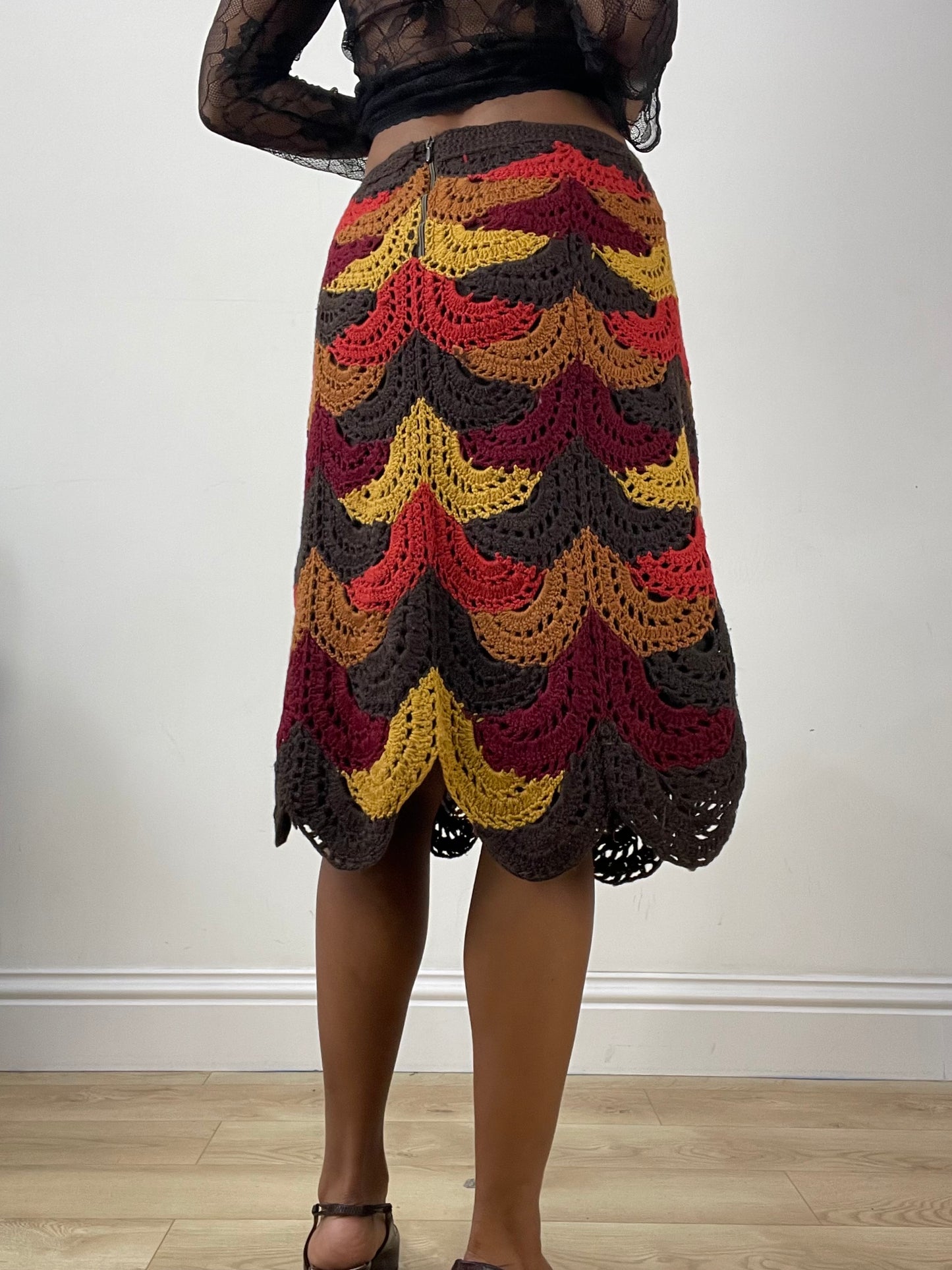 vintage edit: halloween | extra small brown and red crochet midi skirt