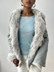 vintage edit thirty-two | small grey suede style jacket with fur lining and oversized buttons