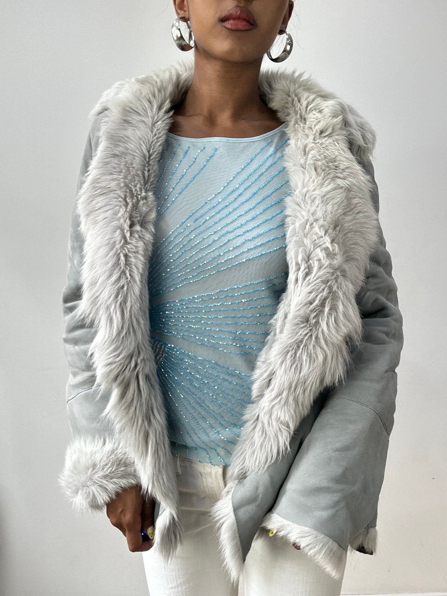 vintage edit thirty-two | small grey suede style jacket with fur lining and oversized buttons