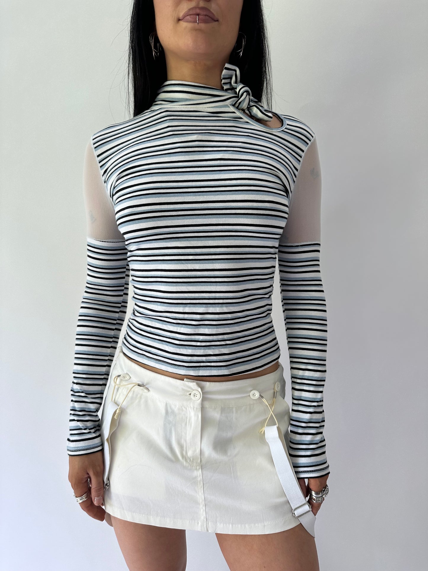 sailor drop | small blue striped high neck mesh long sleeve top