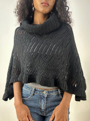 LFW edit | one size black knit crochet roll neck poncho