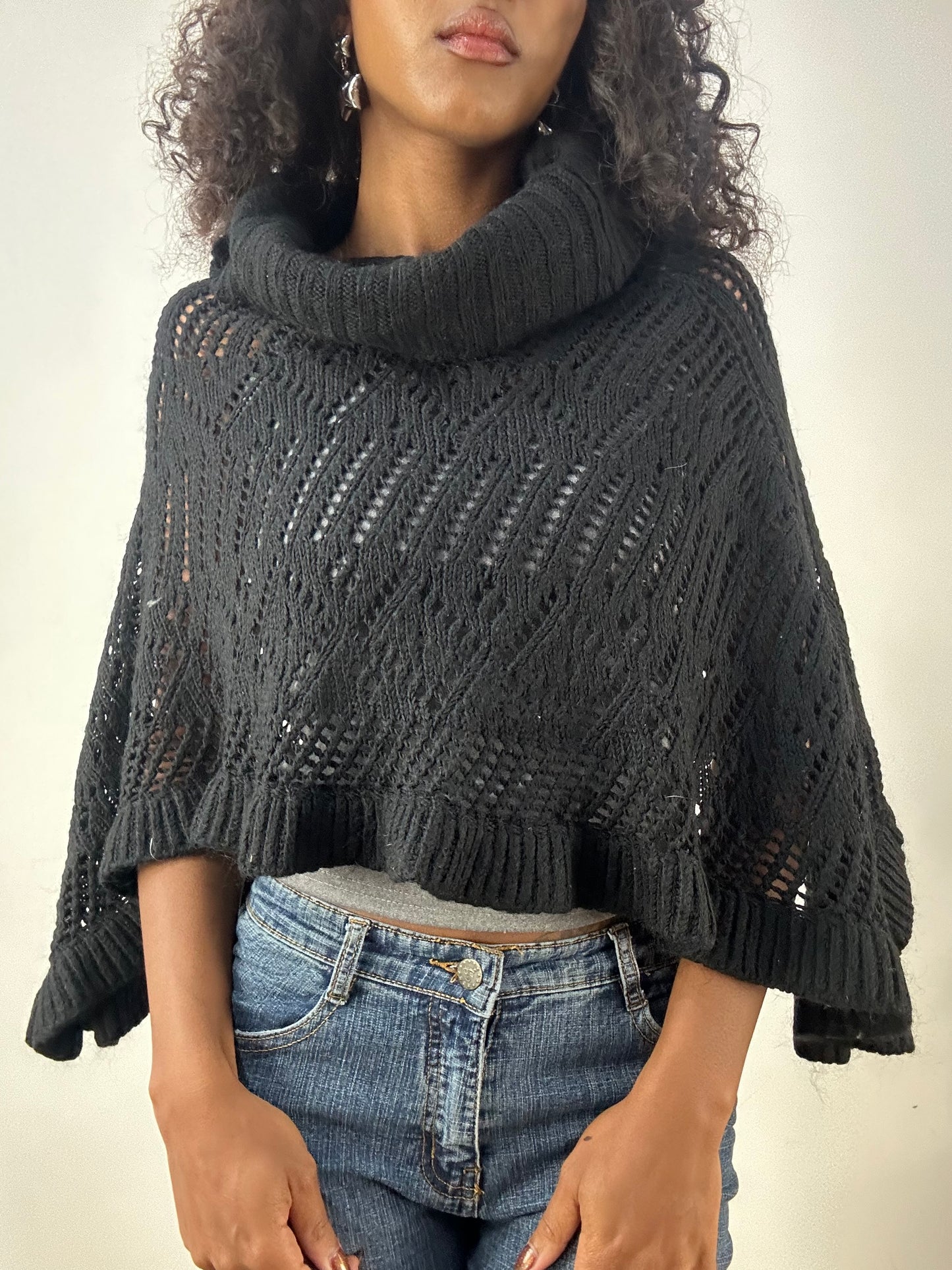 LFW edit | one size black knit crochet roll neck poncho