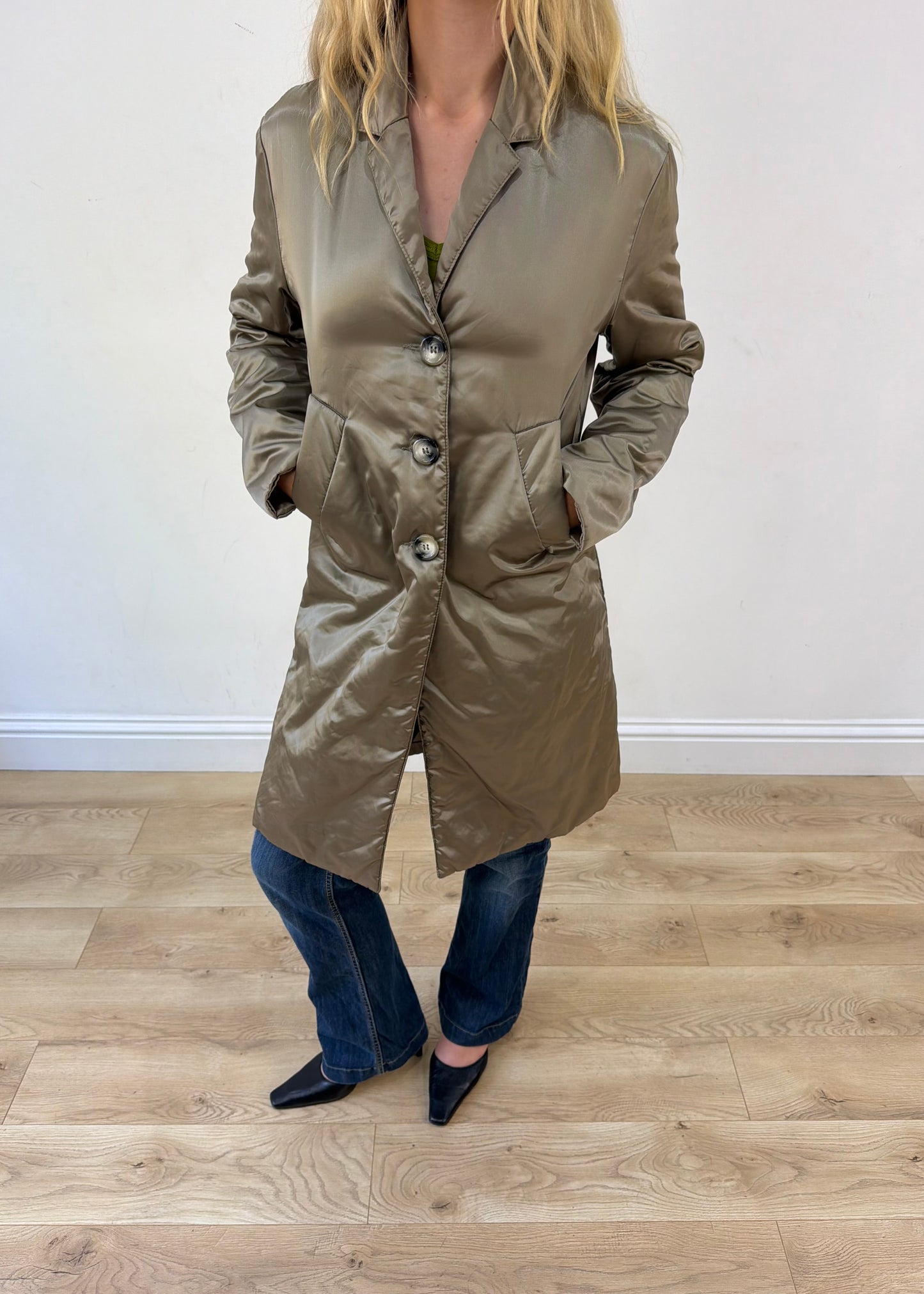 medium gold silky trench coat