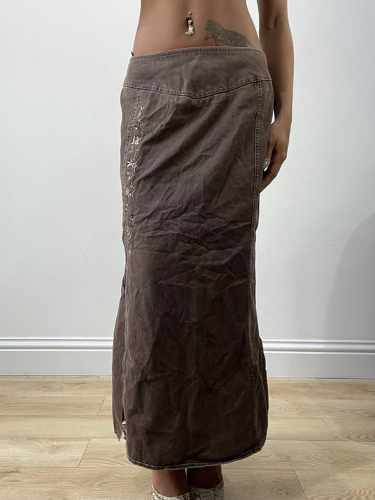 BEST PICKS | medium brown denim maxi skirt with floral embroidery