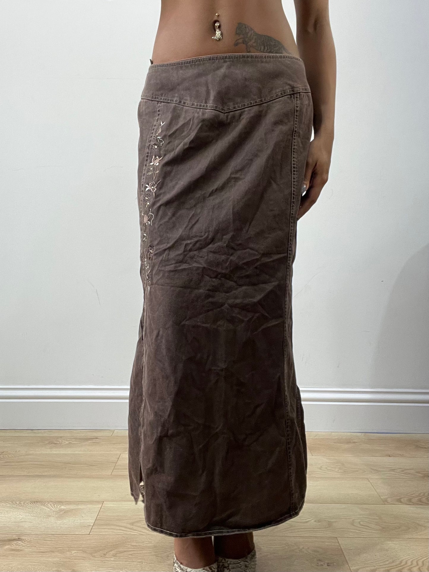 BEST PICKS | medium brown denim maxi skirt with floral embroidery