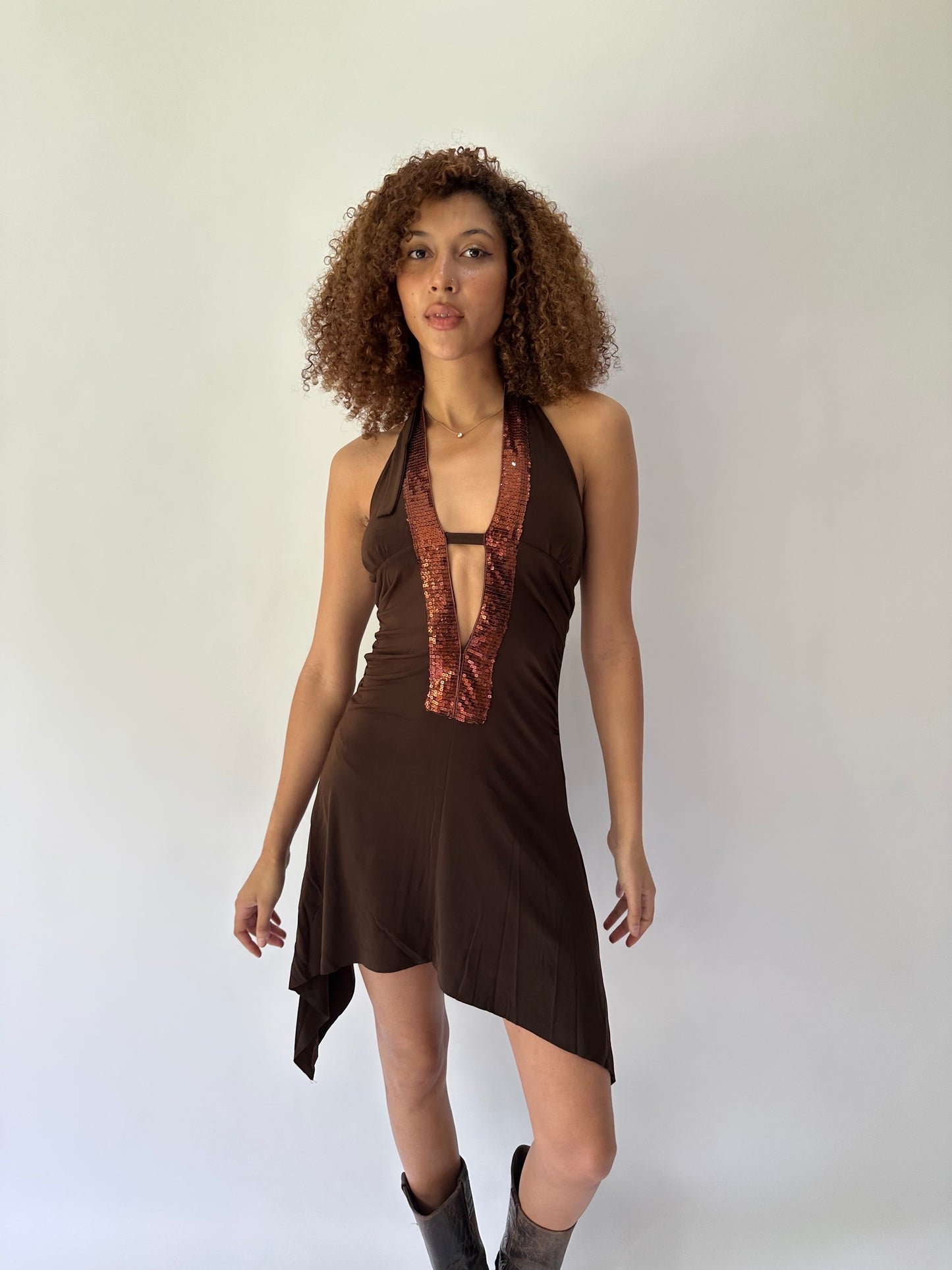 festival drop | small brown halterneck asymmetric midi dress