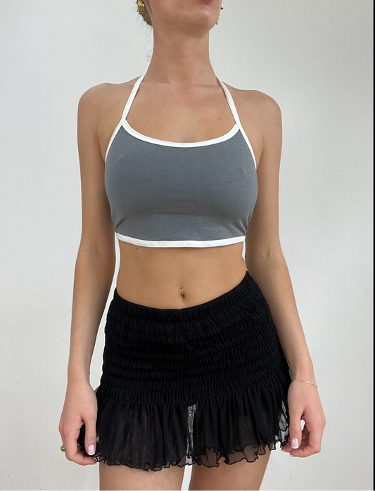 💻‼️ small grey halter neck crop top with white hem detail