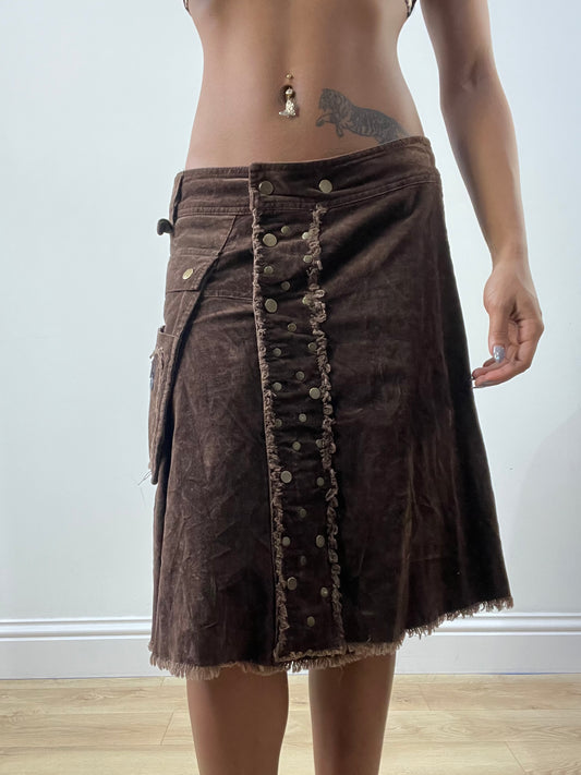 BEST PICKS | medium brown suede style studded midi skirt