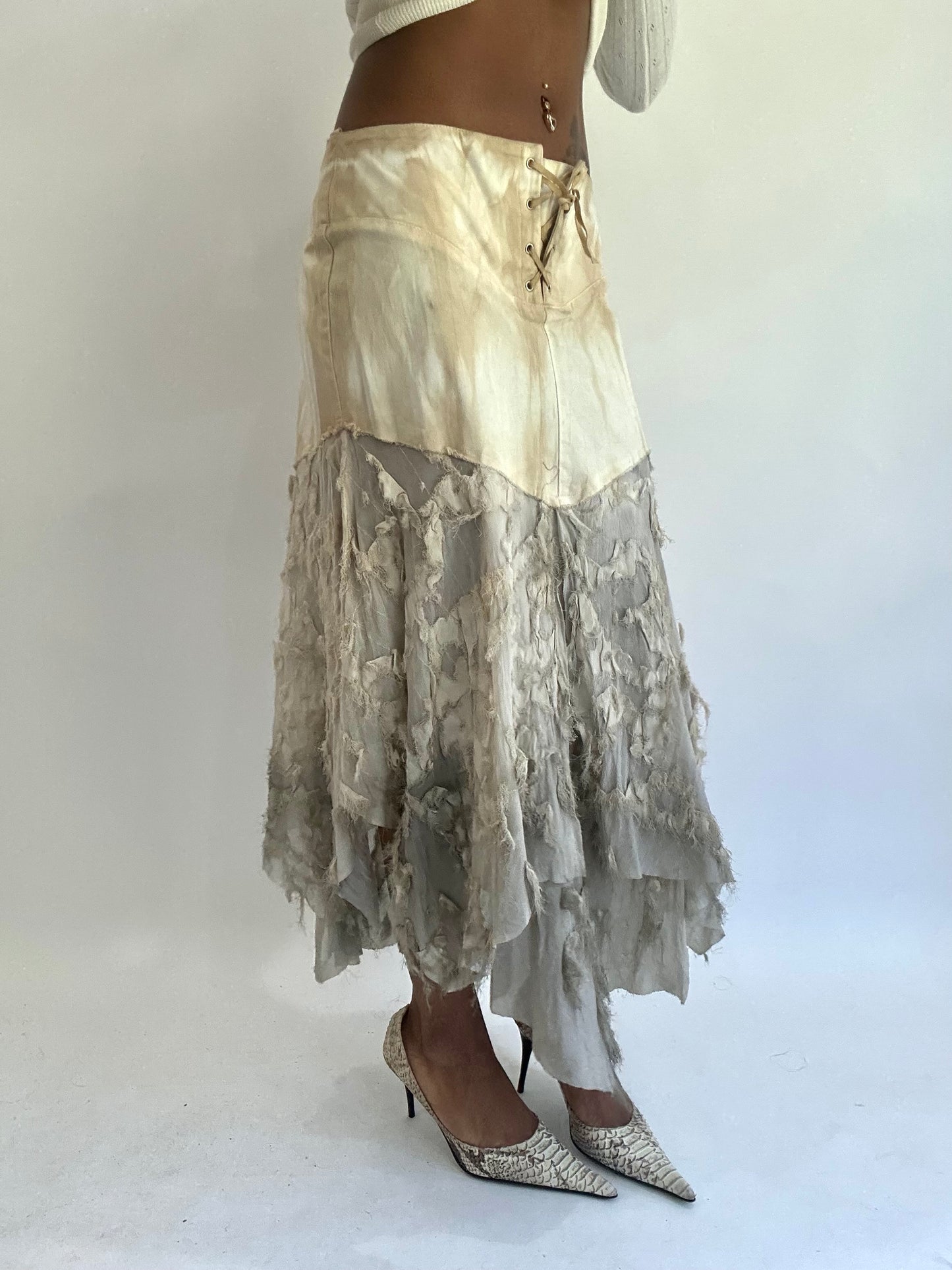 olivia rodrigo drop | small cream lace up asymmetric maxi skirt