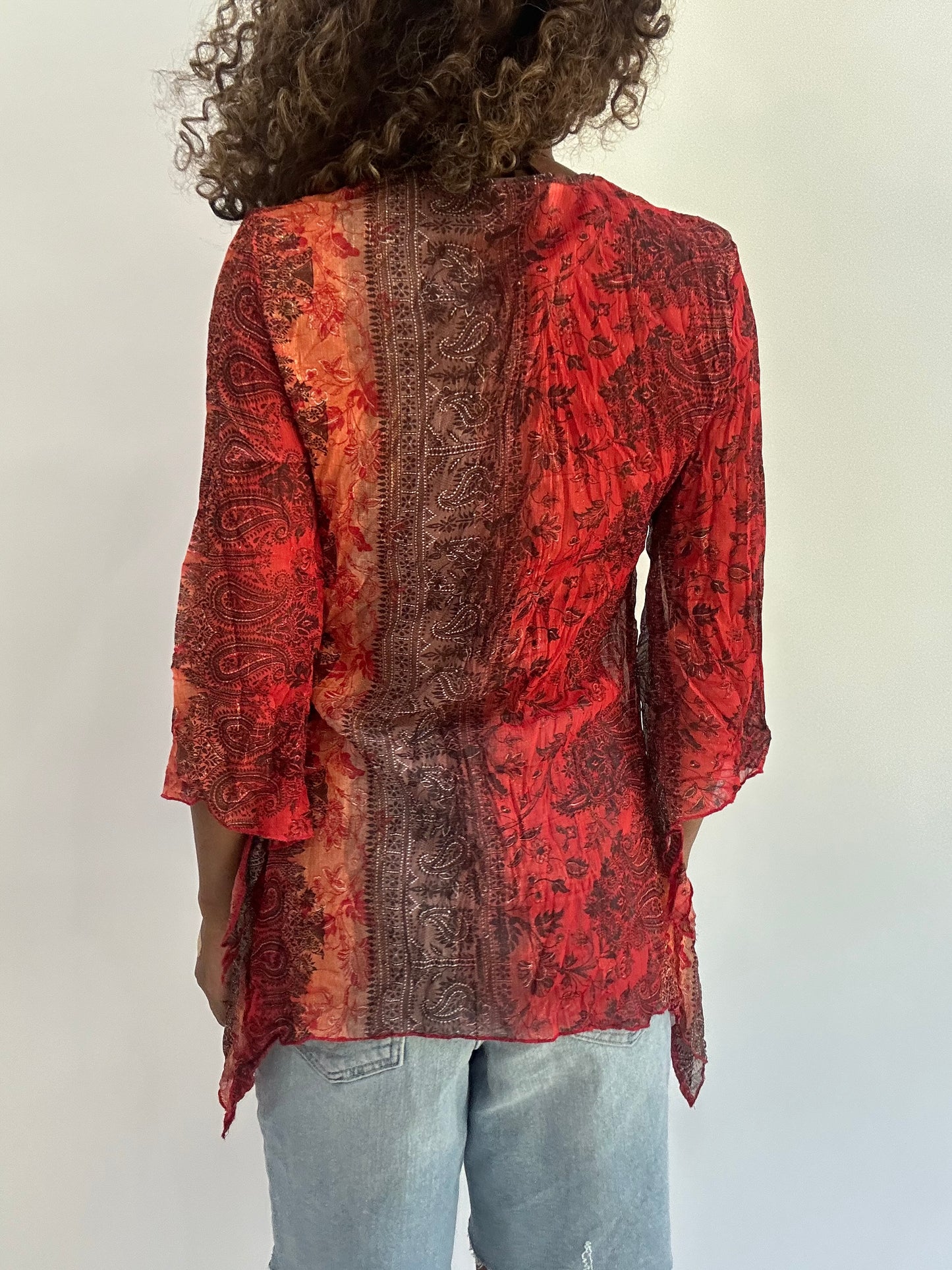 beach drop | small/medium red patterned sheer long sleeve top