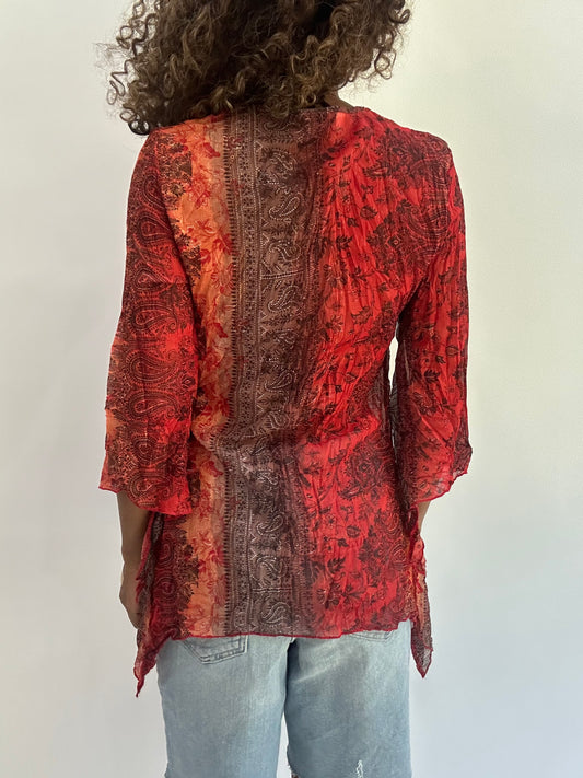 beach drop | small/medium red patterned sheer long sleeve top