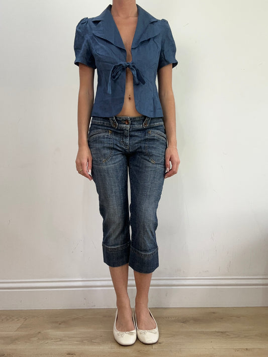 BEST PICKS | medium blue short sleeve front tie shirt top