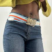 ⭐️💻 | taille: OS · couleur: bleu + orange + argenté · matière: nylon · article: ceinture · détails: rayé + perles + boucle