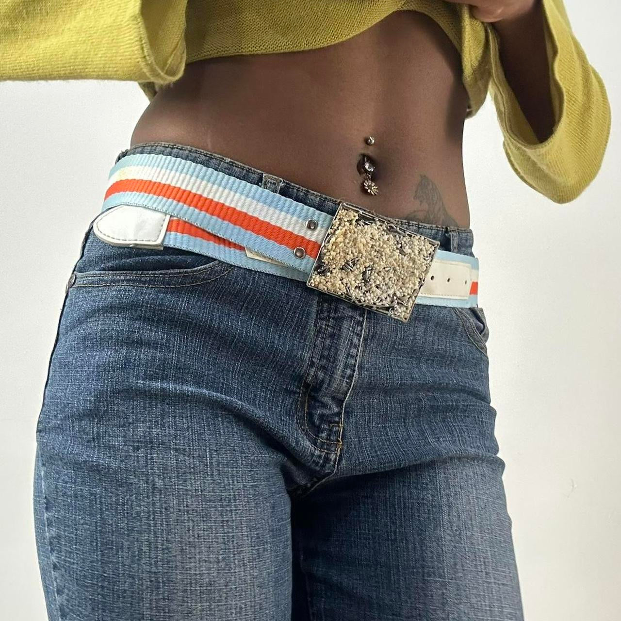 ⭐️💻 | one size blue and orange striped nylon belt with silver beaded buckle