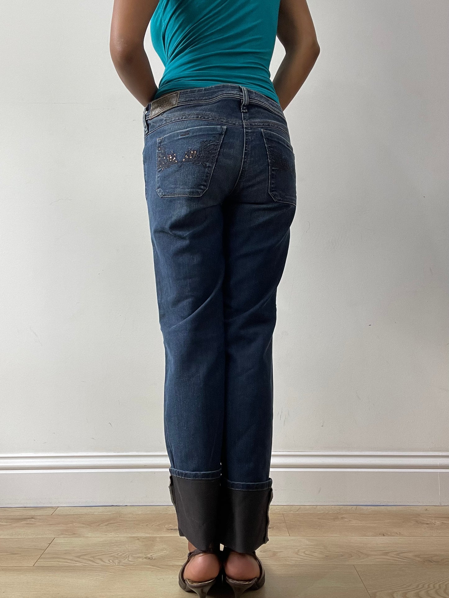 midsummer edit | medium blue diesel bootcut jeans with faux leather detail