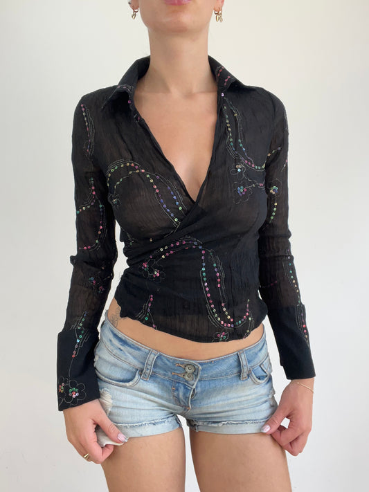 BEST PICKS | small black semi sheer wrap shirt with sequins