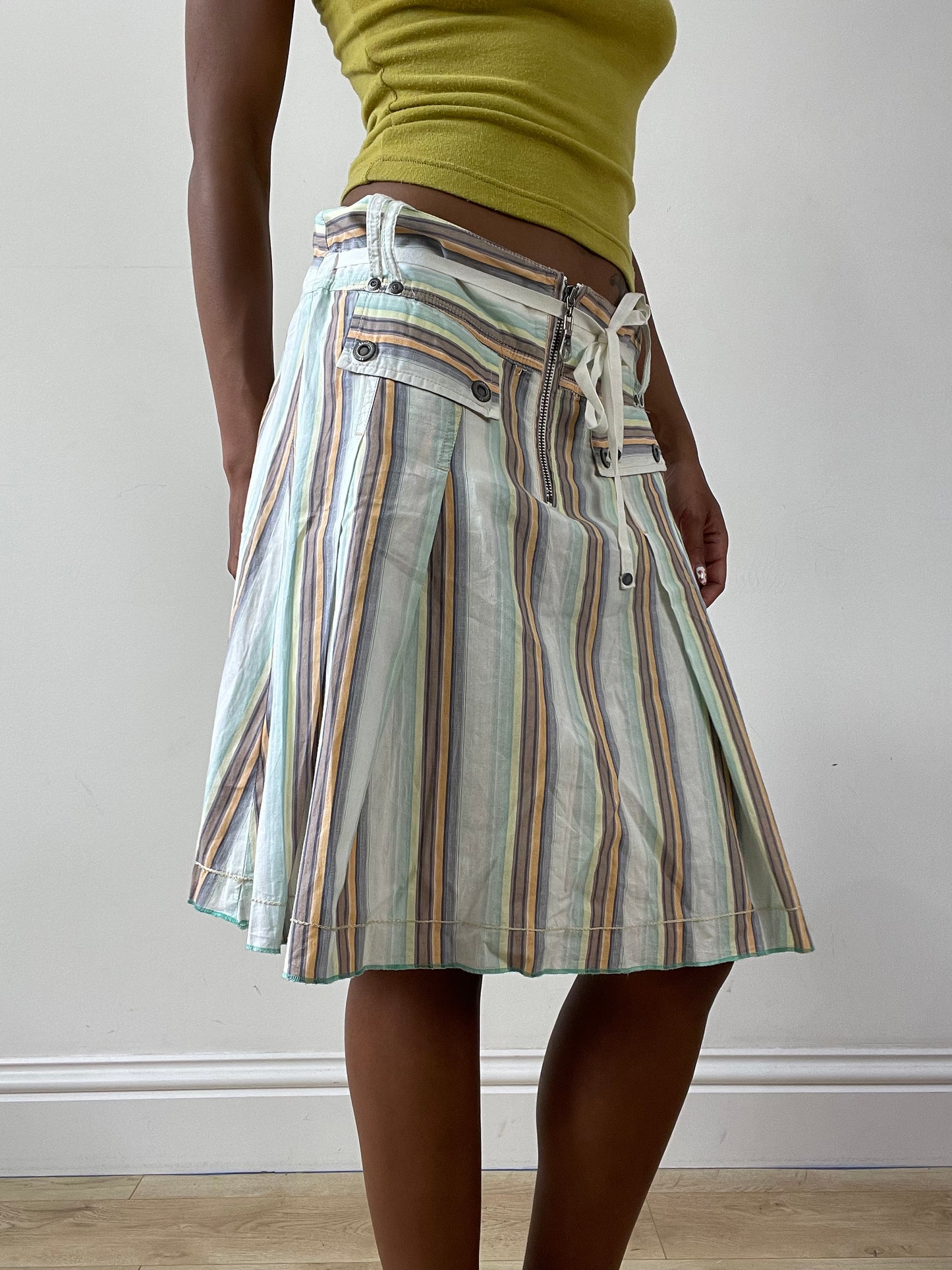 vintage edit twenty-nine | medium blue and orange striped midi skirt