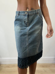2016 edit | medium blue denim midi skirt with lace trim