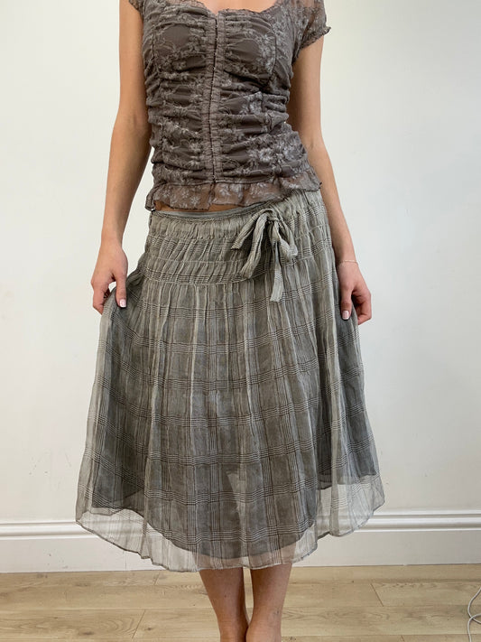 vintage edit twenty | medium 100% silk grey and brown floaty checkered midi skirt