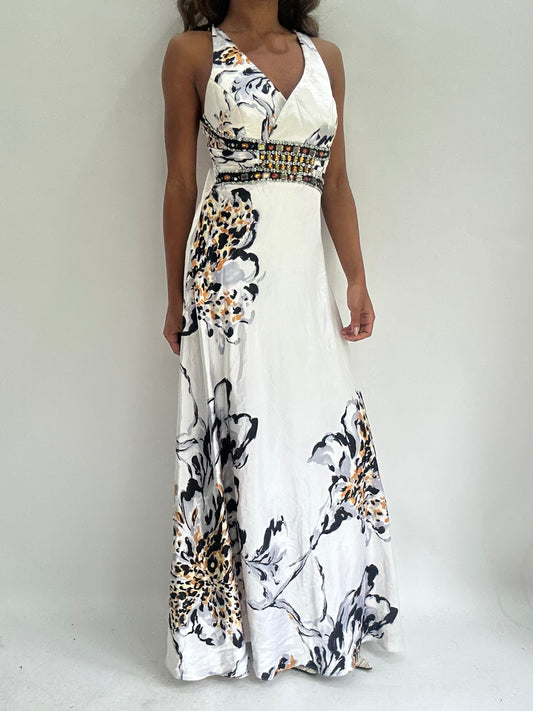 wedding guest drop | small white satin style floral maxi dress