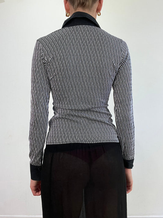vintage edit: wedding guest | small grey and black striped shirt with ruffle detail