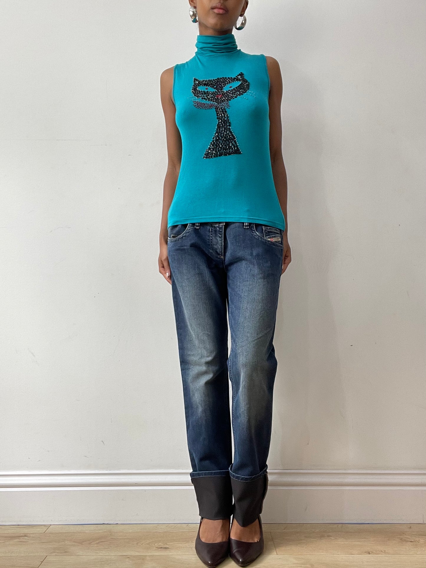 midsummer edit | medium blue diesel bootcut jeans with faux leather detail