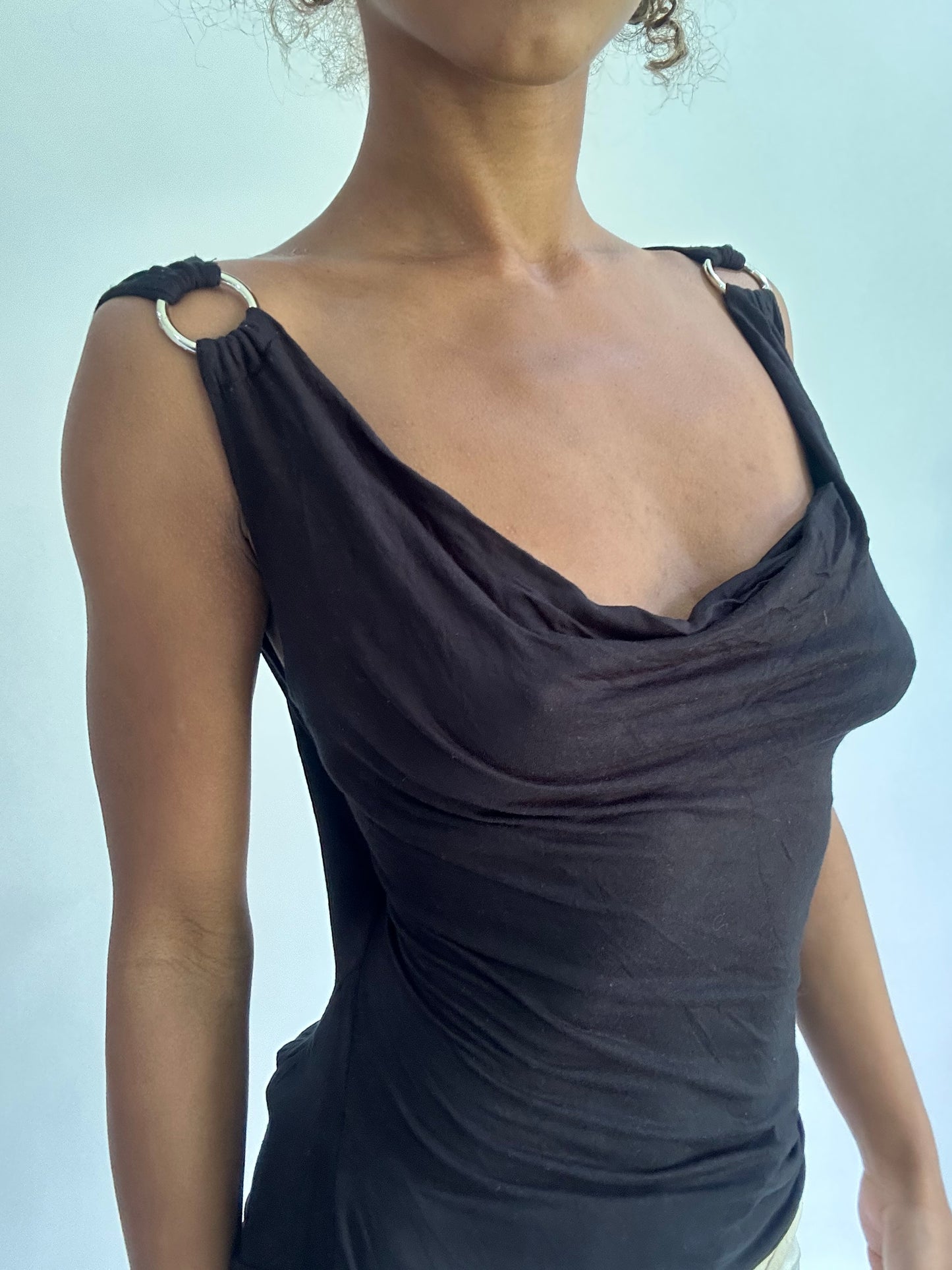 olivia rodrigo drop | small black cowl neck draped top