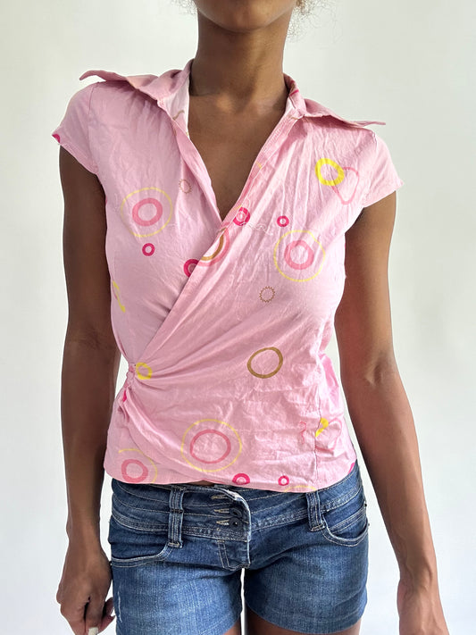 sailor drop | small pink wrap top with circle print