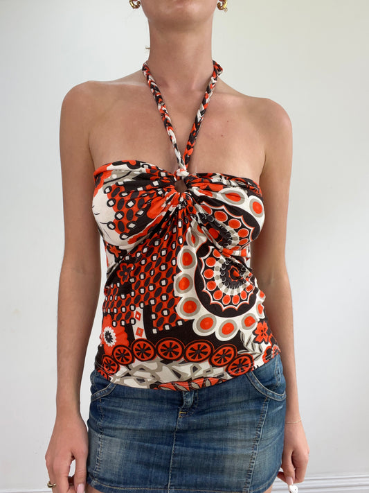 vintage edit twenty-two | small orange halterneck top with abstract print