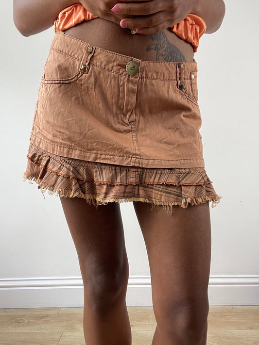 vintage edit: festival | medium burnt orange mini skirt with distressed striped hem