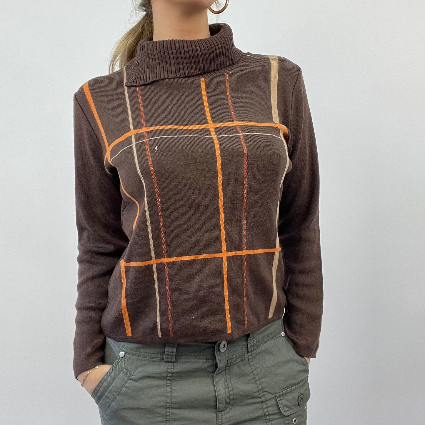💚 BEST PICKS | small brown checked pattern roll neck jumper