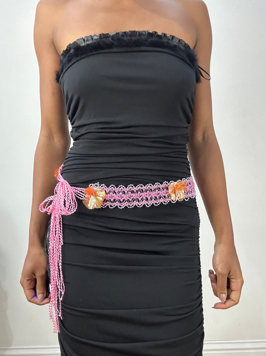 ‼️vintage edit: halloween | pink sequin tie up belt with 3d flower details