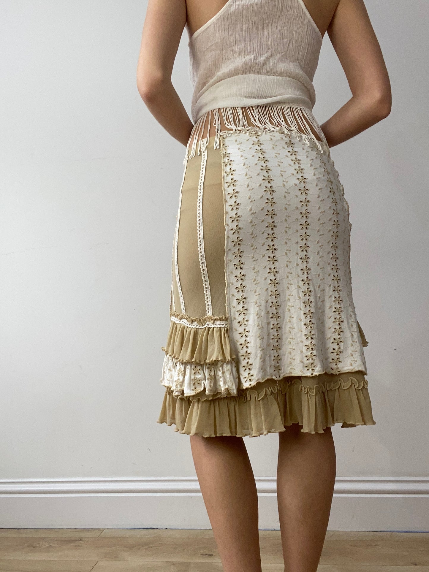 vintage edit thirty | small white and tan midi skirt