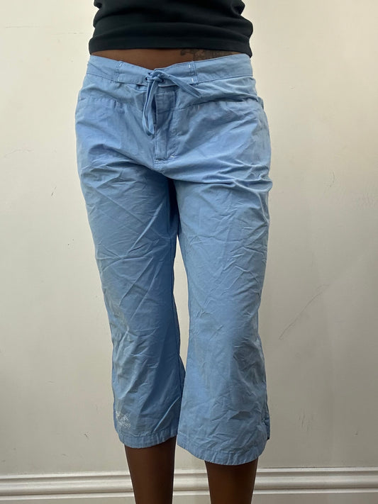 athleisure edit | medium blue cropped trousers with floral embroidery