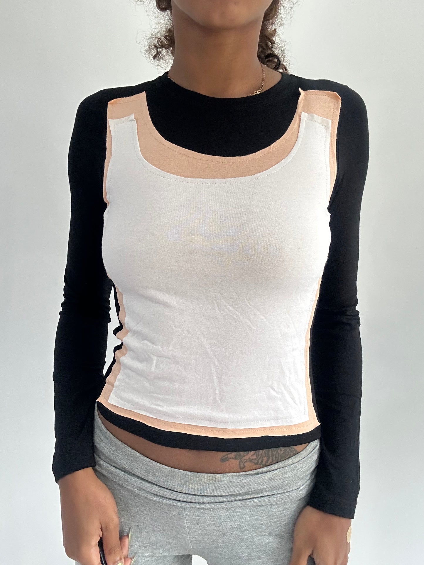 ‼️ | small black long sleeve top with white vest overlay detail