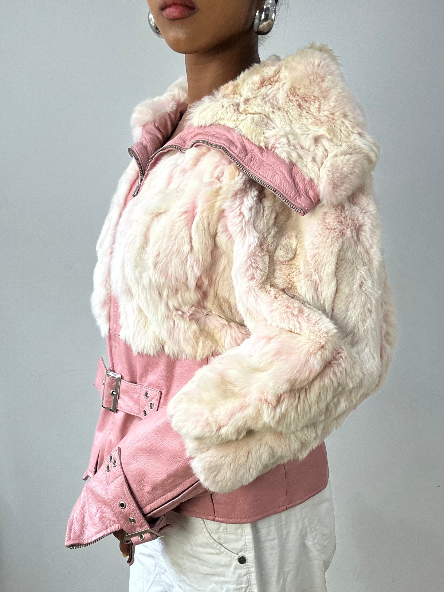 vintage edit thirty-two | medium pink faux fur and leather jacket