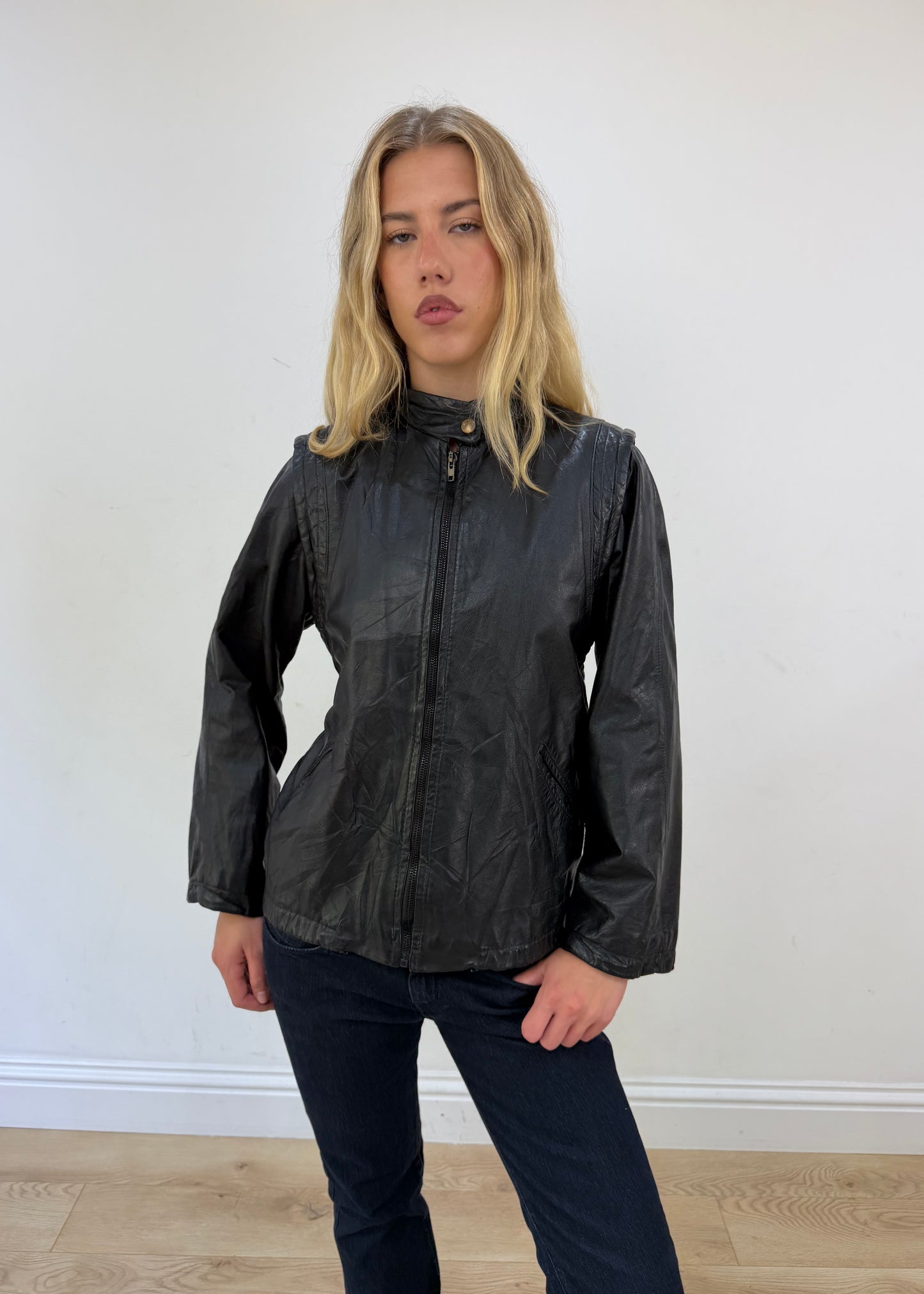 medium black leather motorbike jacket