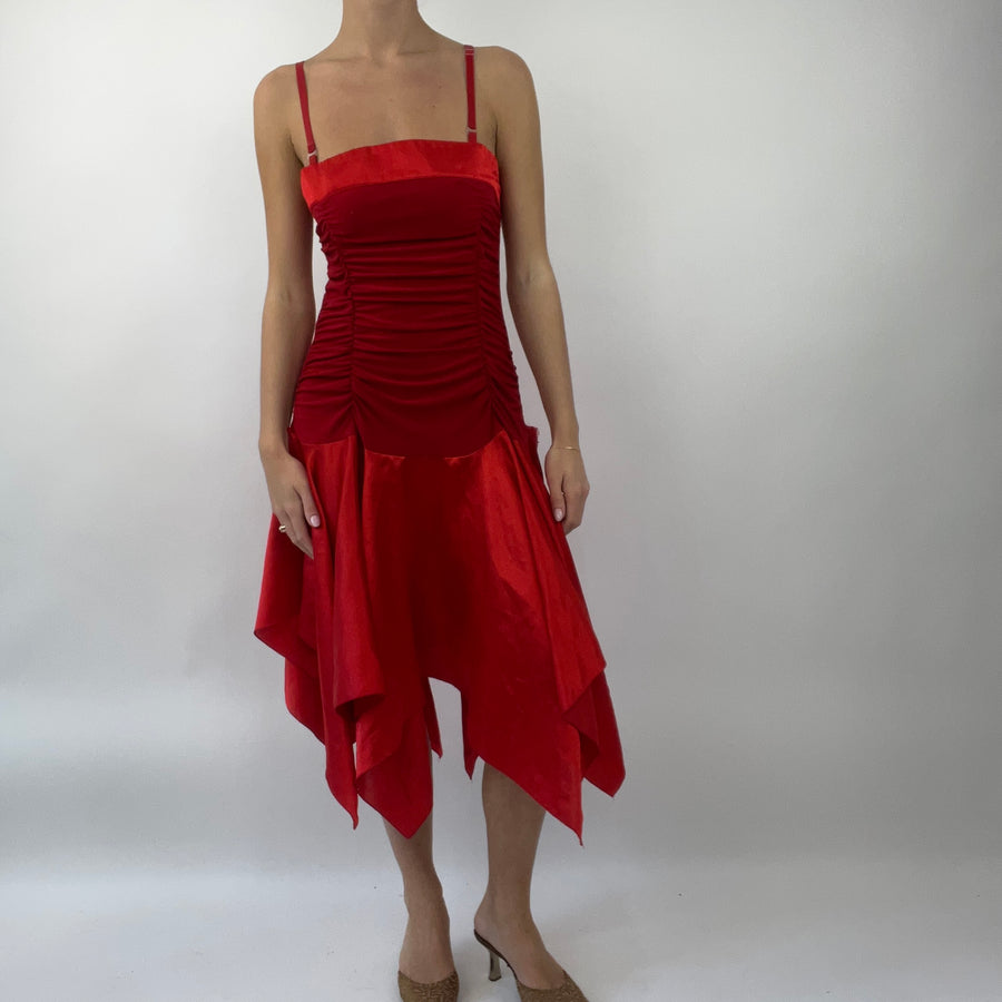 PROM SEASON DROP | small red midi dress with satiny detail