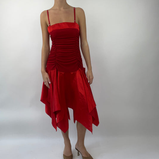 PROM SEASON DROP | small red midi dress with satiny detail