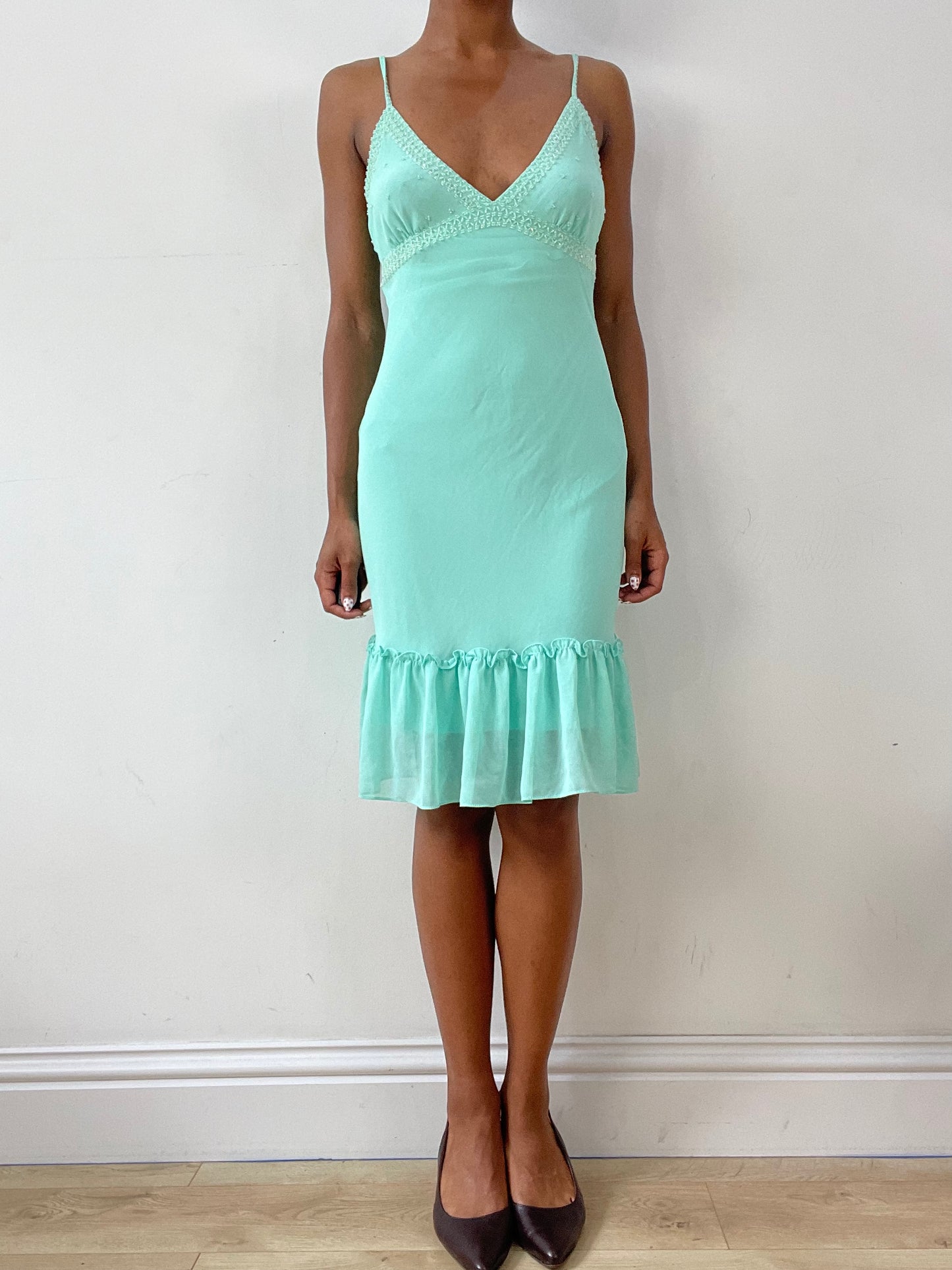 vintage edit twenty-nine | small teal blue midi dress with beading detail